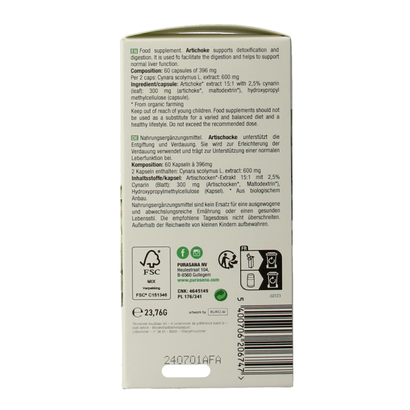Purasana Artisjok vegan bio 60 Vegetarische capsules