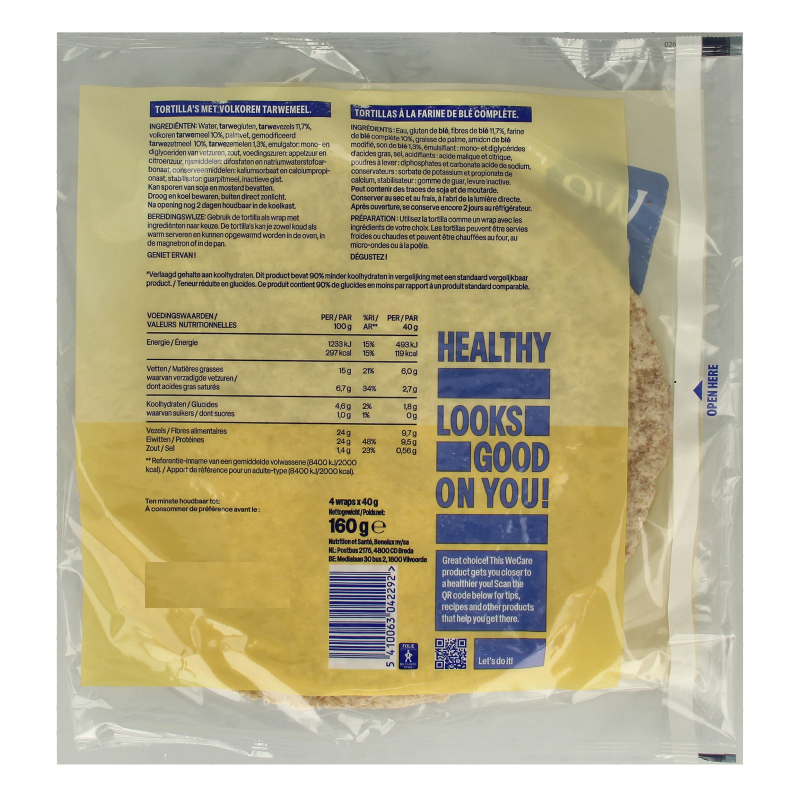 WeCare Lower kcal/carb whole grain tortillas 160 Gram