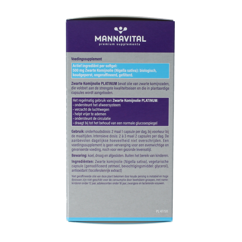 Mannavital Zwarte komijnolie platinum 120 Softgels