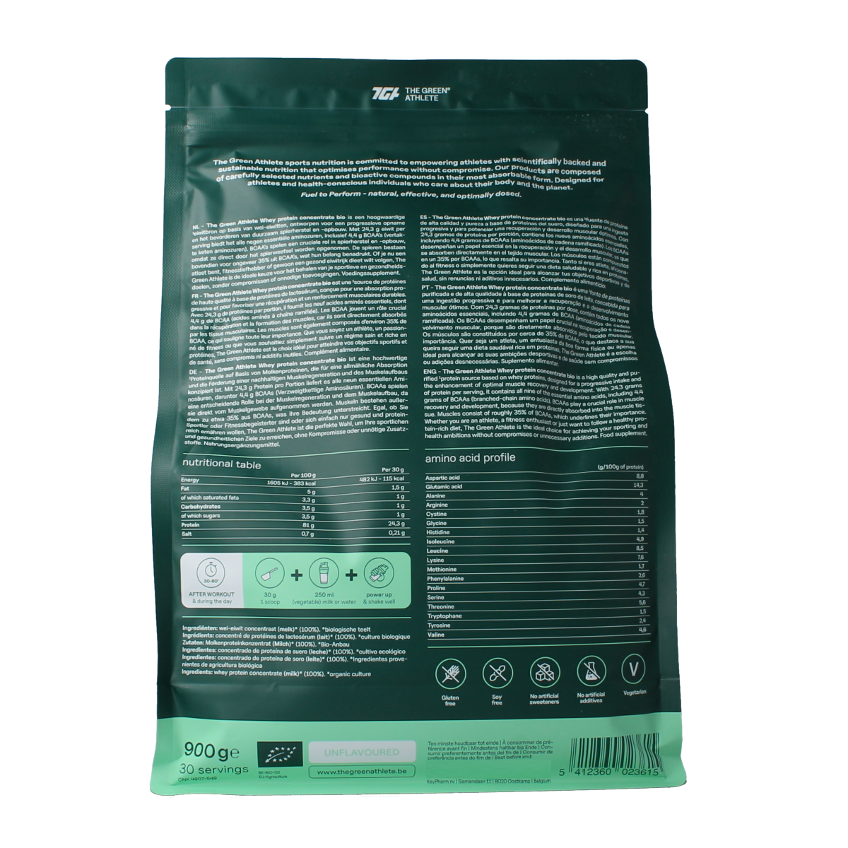 The Green Athlete Whey protein concentrate unflavoured bio 900.00 Gram