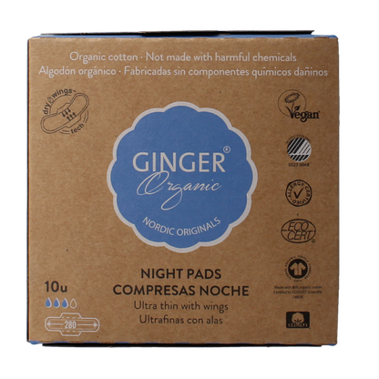Ginger Organic Maandverband nacht met vleugels 10 Stuks