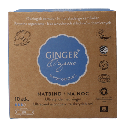 Ginger Organic Maandverband nacht met vleugels 10 Stuks