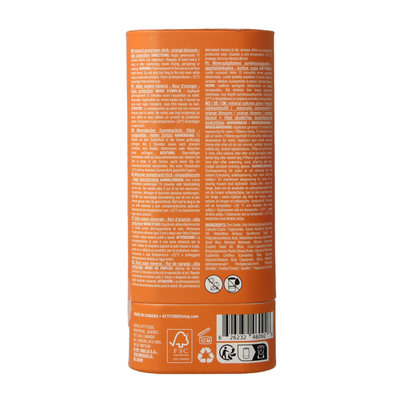 Attitude Sunly zonnebrandstick SPF30 oranjebloesem 60 Gram