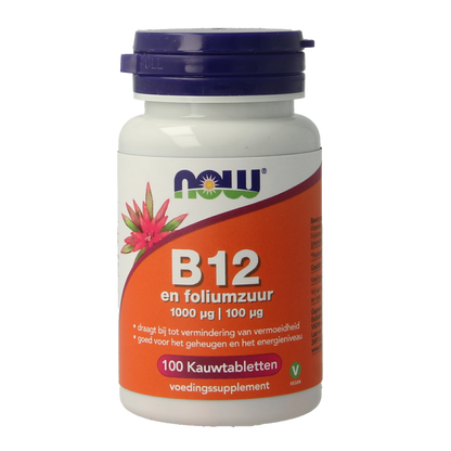 NOW Vitamine B12 1000mcg en Foliumzuur 100mcg 100 Kauwtabletten