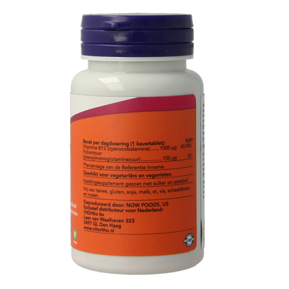 NOW Vitamine B12 1000mcg en Foliumzuur 100mcg 100 Kauwtabletten
