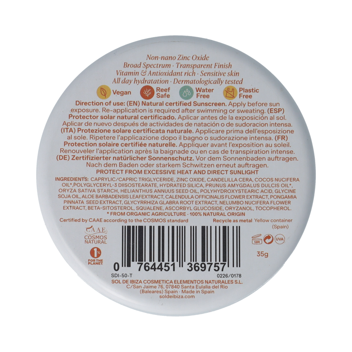 Sol De Ibiza Zonnebrandcrème voor gezicht & nek SPF50 35.00 Gram