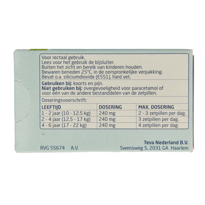Teva Paracetamol 240 mg 10 Zetpillen