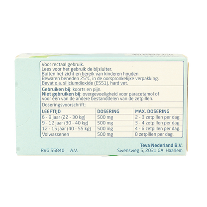 Teva Paracetamol 500mg 10 Zetpillen