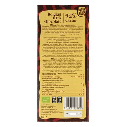 Happy Chocolate Puur 92% bio 85 Gram