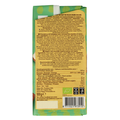 Happy Chocolate Melk geroosterde hazelnoot rozijn bio 100.00 Gram