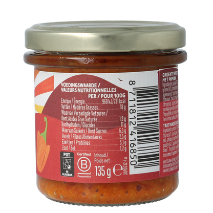 Zonnatura Groentespread paprika bio 135 Gram