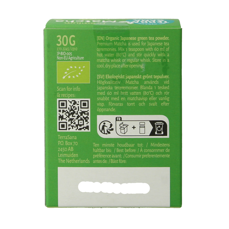 TerraSana Matcha premium groene thee bio 30 Gram