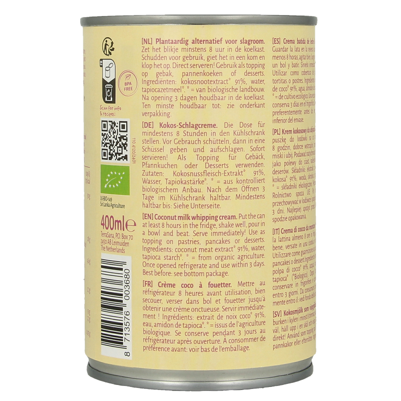 TerraSana Kokosmelk slagroom 30% vet bio 400 Milliliter