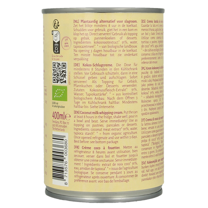 TerraSana Kokosmelk slagroom 30% vet bio 400 Milliliter