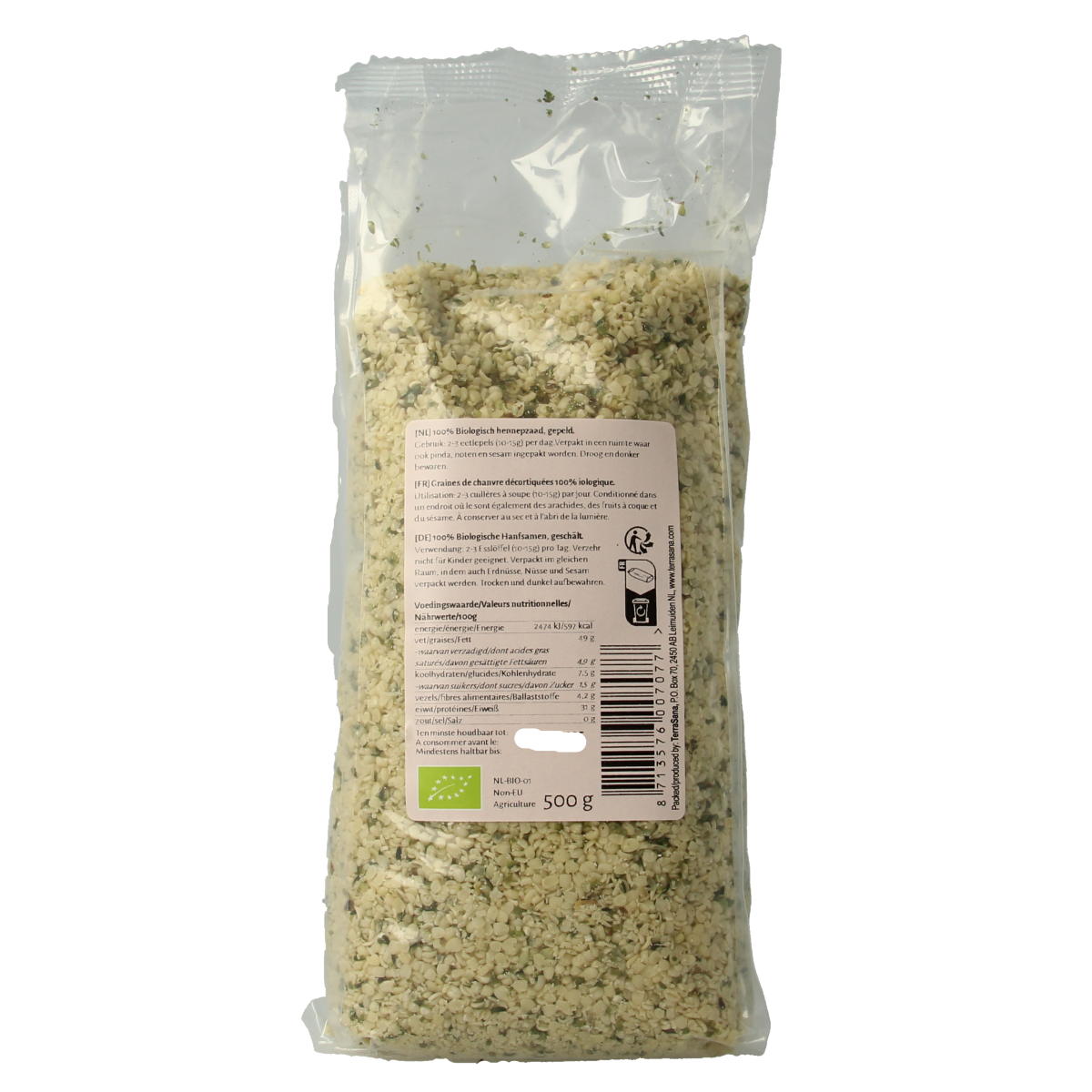 TerraSana RAW Hennepzaad gepeld bio 500.00 Gram
