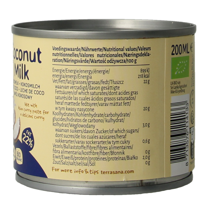 TerraSana Kokosmelk 22% vet bio 200 Milliliter
