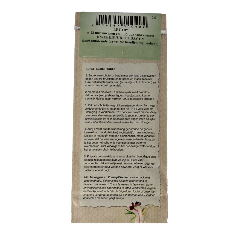 Peuleschil Tarwegras zaad bio 150 Gram