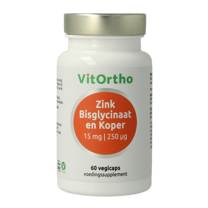 VitOrtho Zink bisglycinaat 15mg en koper 250mcg 60 Vegetarische capsules