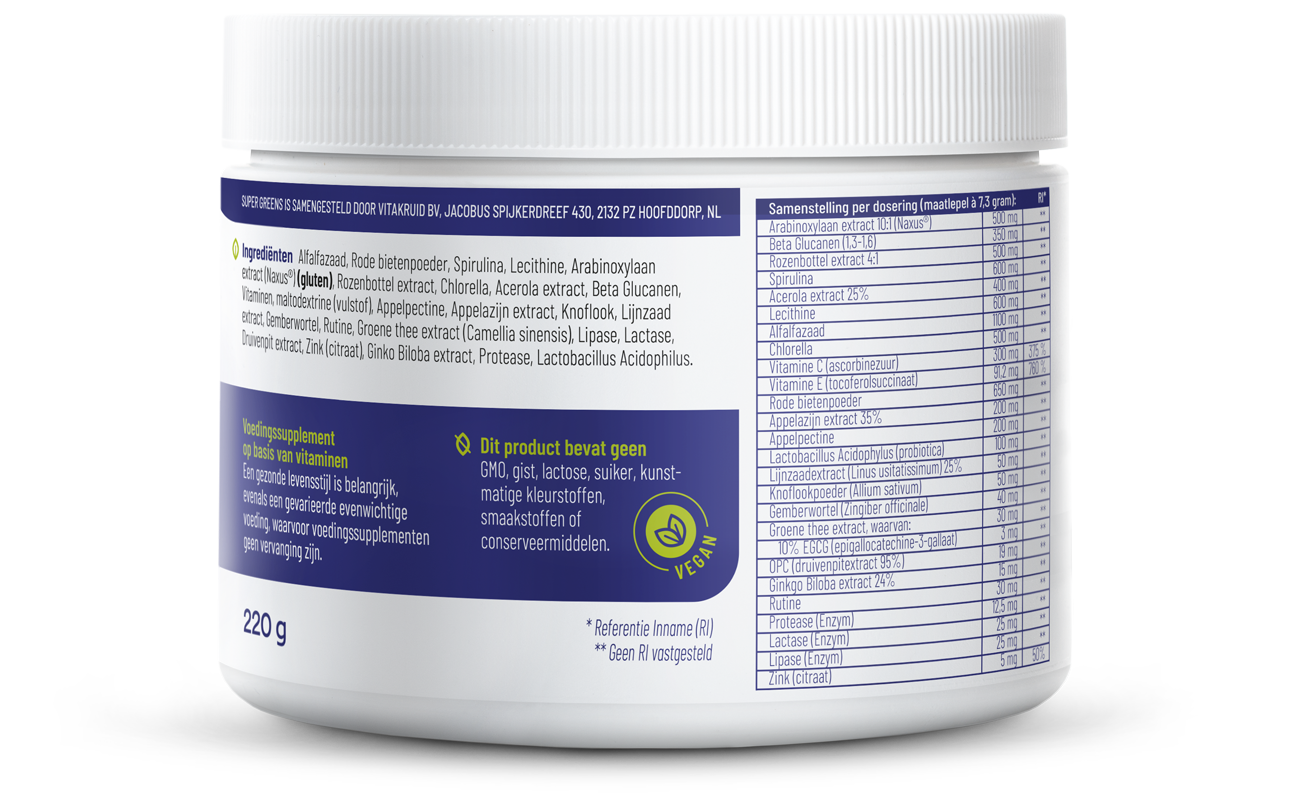 Vitakruid Super Greens 25 nutrienten oa probiotica & enzymen 220 Gram