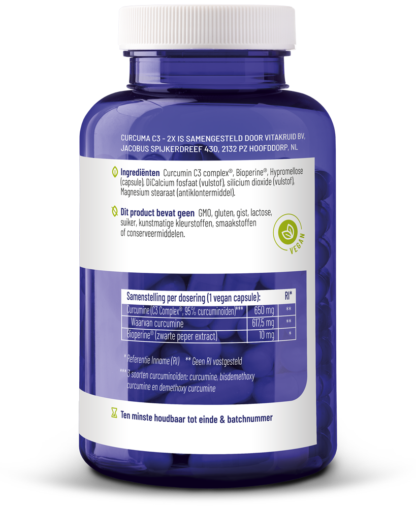 Vitakruid Curcuma C3-2X (95%  curcuminoiden) met Bioperine 120 Vegetarische capsules