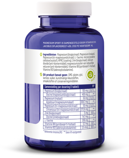 Vitakruid Magnesium sport bisglycinaat malaat tri-dicitraat 90.00 Tabletten