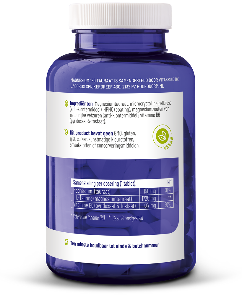 Vitakruid Magnesium 150 Tauraat met vitamine B6 (P-5-P) 90.00 Tabletten