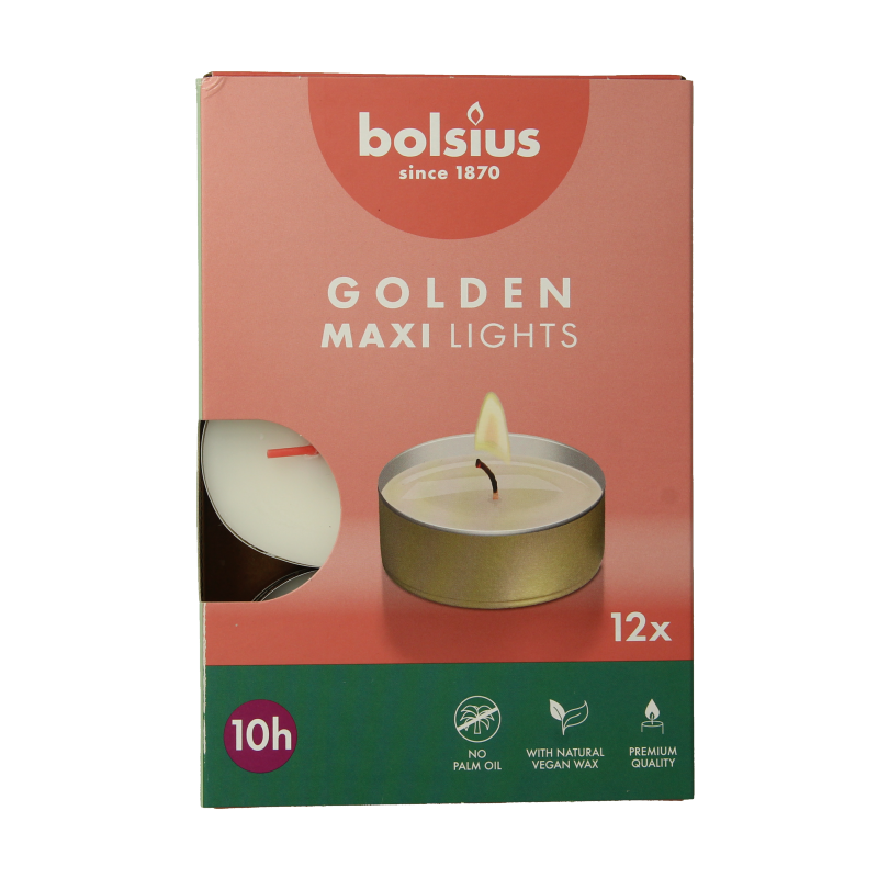 Bolsius Maxi lichten 10uur wit met gouden cup 12 Stuks