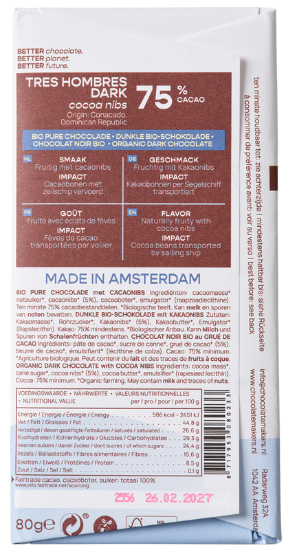 Chocolatemakers Reep tres hombres 75% puur met cacaonibs bio 80.00 Gram