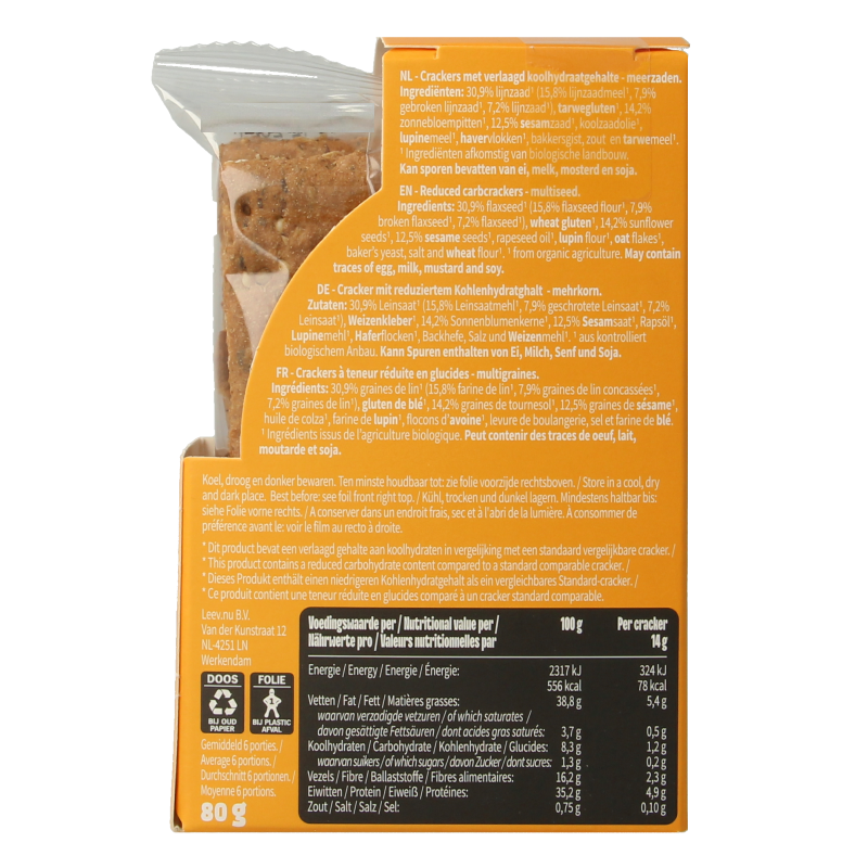Leev Lowcarb crackers multiseed bio 80 Gram