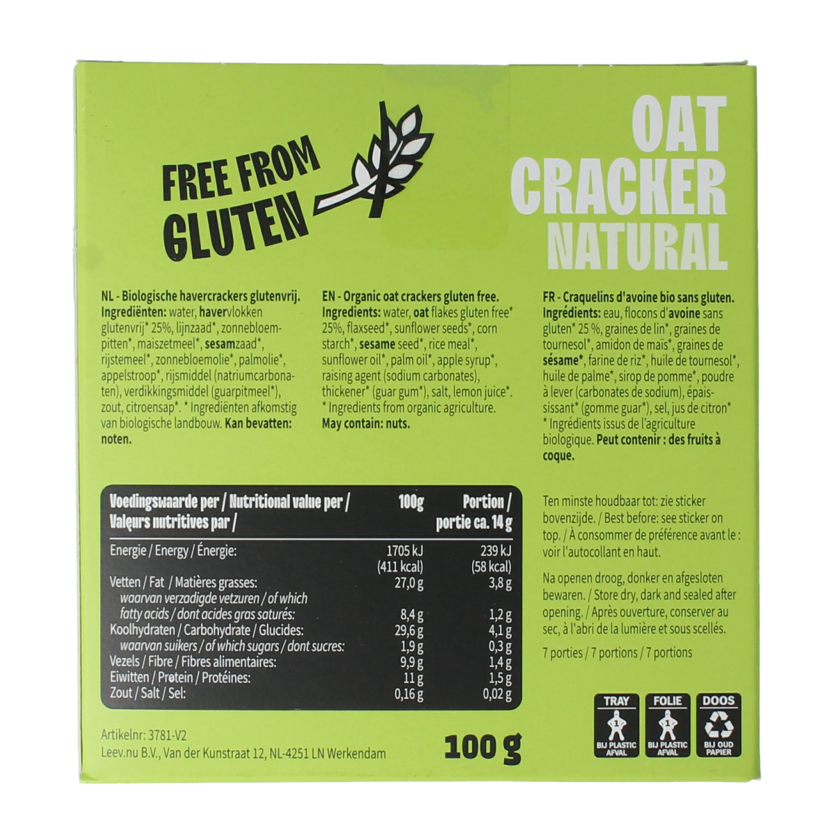 Leev Havercracker naturel free from gluten bio 100.00 Gram