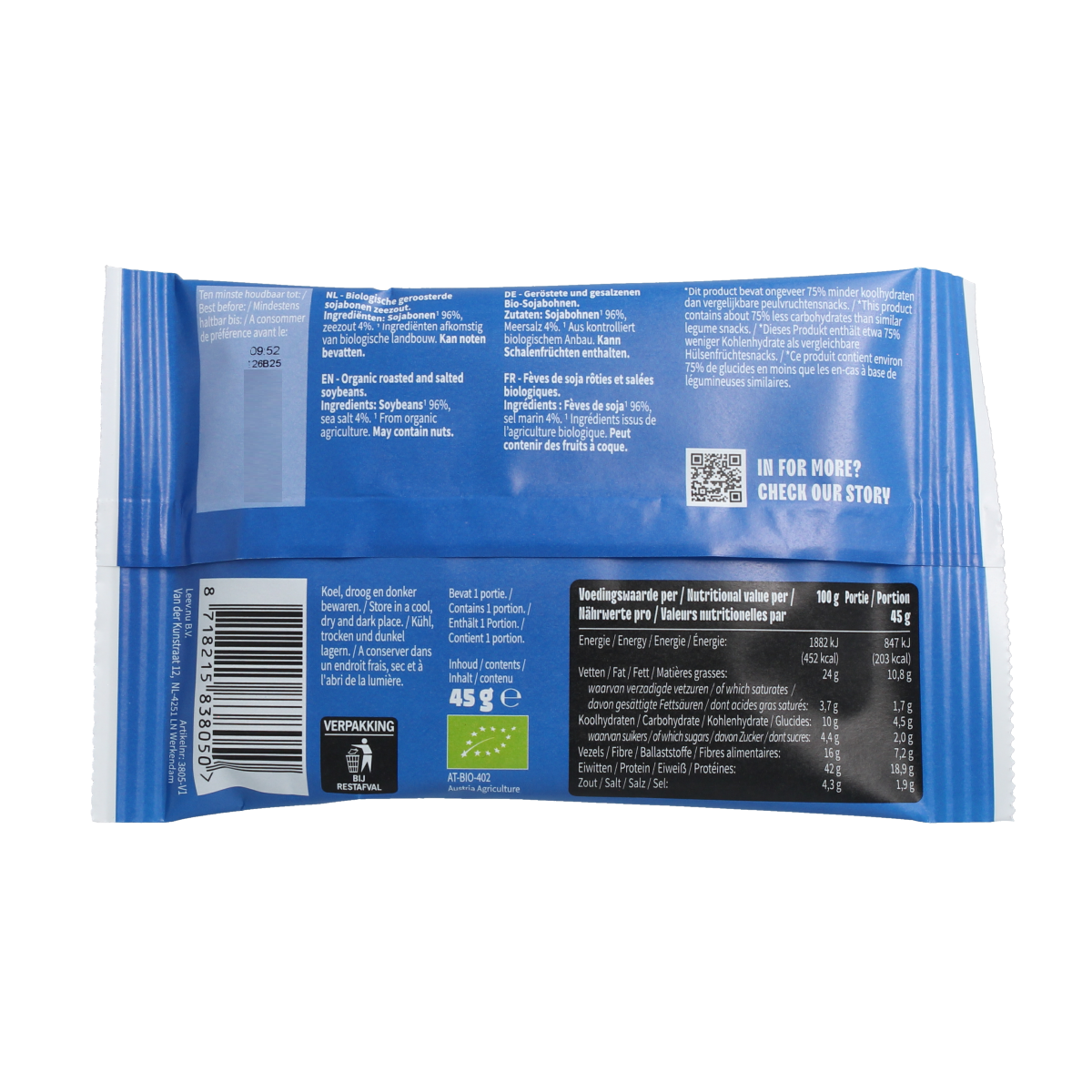 Leev Bio lowcarb snack soyabonen met zeezout 45.00 Gram