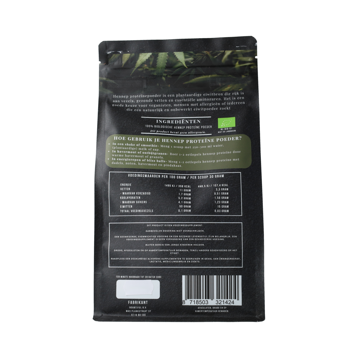 Bountiful Hennep proteine poeder bio 500.00 Gram