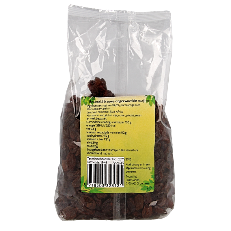 Bountiful Rozijnen blauw ongezwaveld 500 Gram