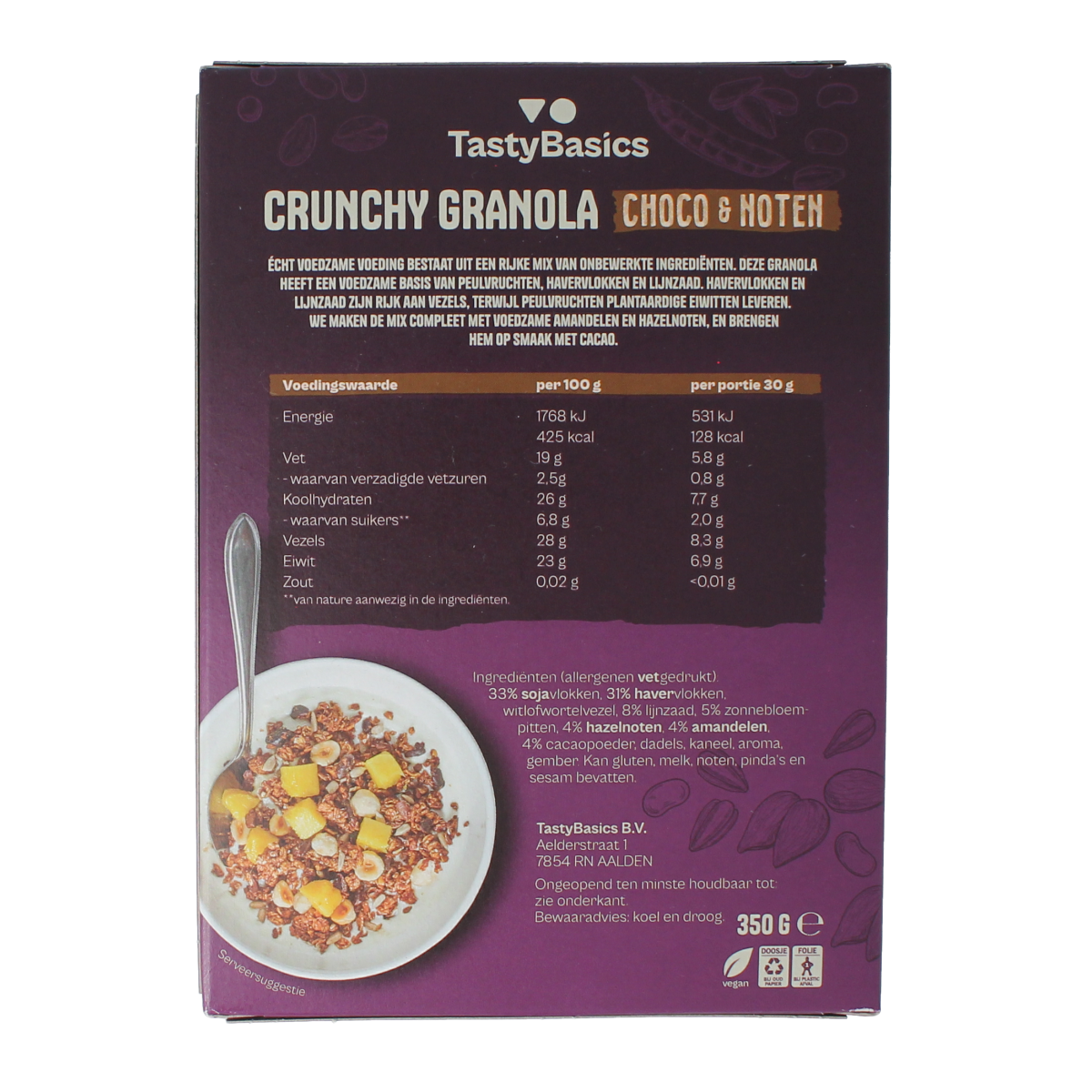 TastyBasics Less carb-high protein granola choco en noten 350.00 Gram