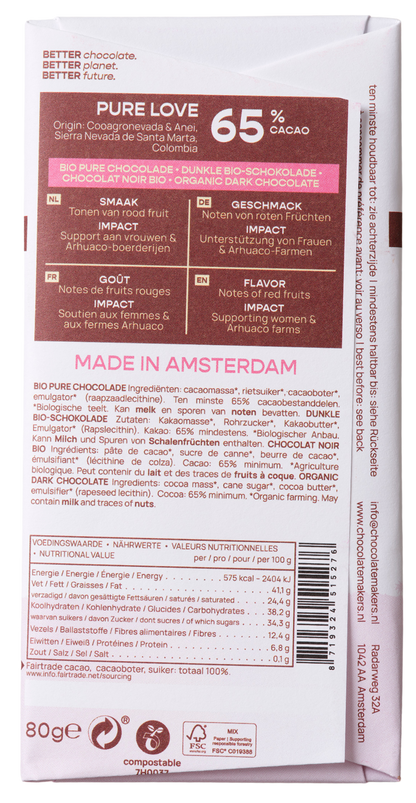 Chocolatemakers Pure love reep 65% puur fairtrade bio 80.00 Gram