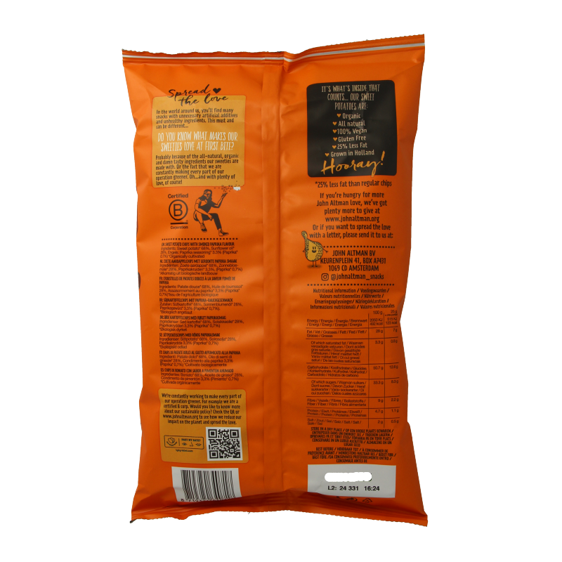 John Altman Zoete aardappel chips paprika bio 90 Gram