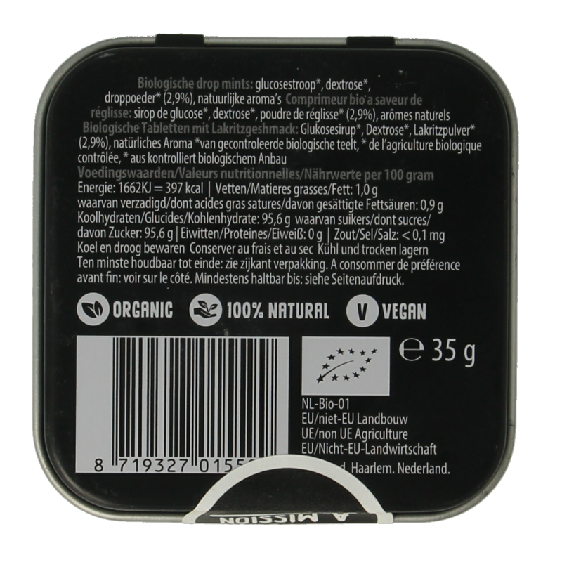 Max mints Liquorice blikje vierkant bio 35 Gram