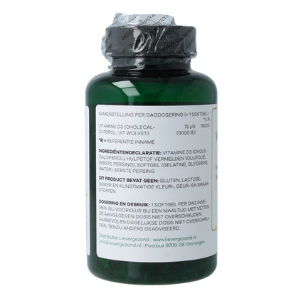 Liever Gezond Vitamine D3 75 mcg jaarrond levenslicht 365.00 Softgels