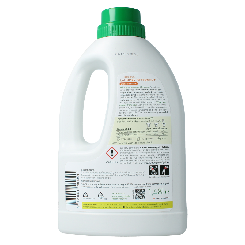 Planet Pure Wasmiddel vloeibaar gekleurde was orange 1480 Milliliter