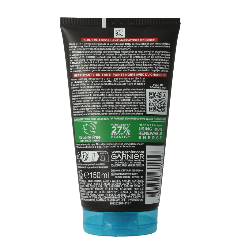Garnier SkinActive pure active 3 - in - 1 charcoal reiniging 150 Milliliter - DrogistWereld
