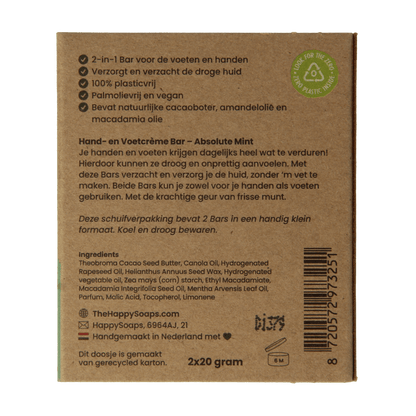 Happysoaps Hand & voetcreme bar absolute mint 40 Gram - DrogistWereld