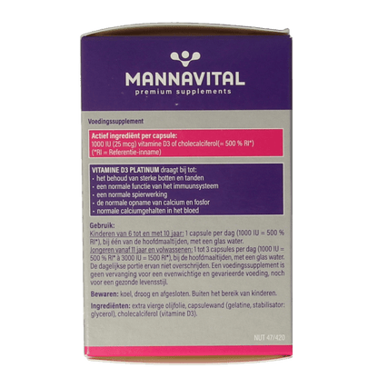 Mannavital Vitamine D3 platinum 90 Capsules - DrogistWereld