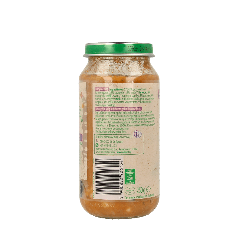 Olvarit Vegetarische pasta courgette mozzarella 15M09 250 Gram - DrogistWereld