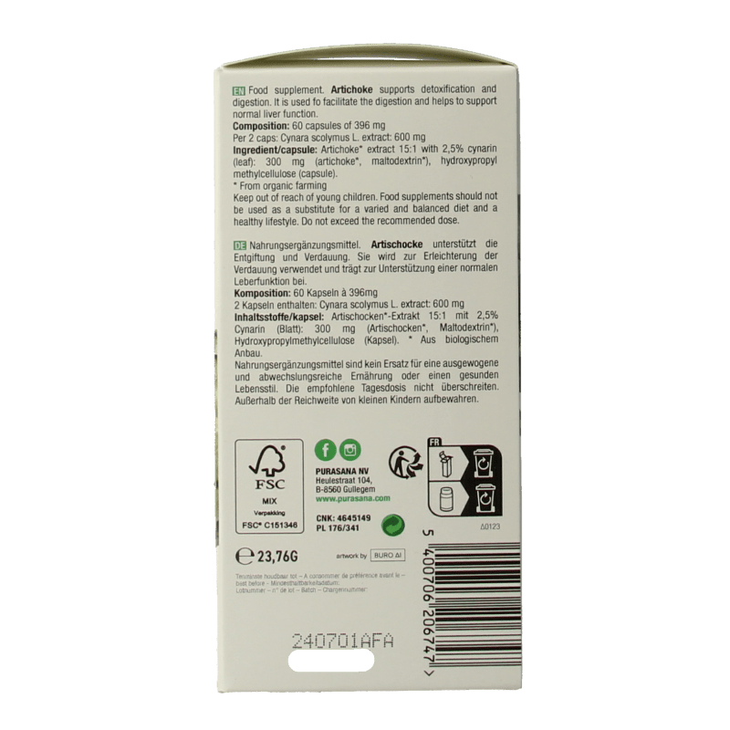 Purasana Artisjok vegan bio 60 Vegetarische capsules - DrogistWereld
