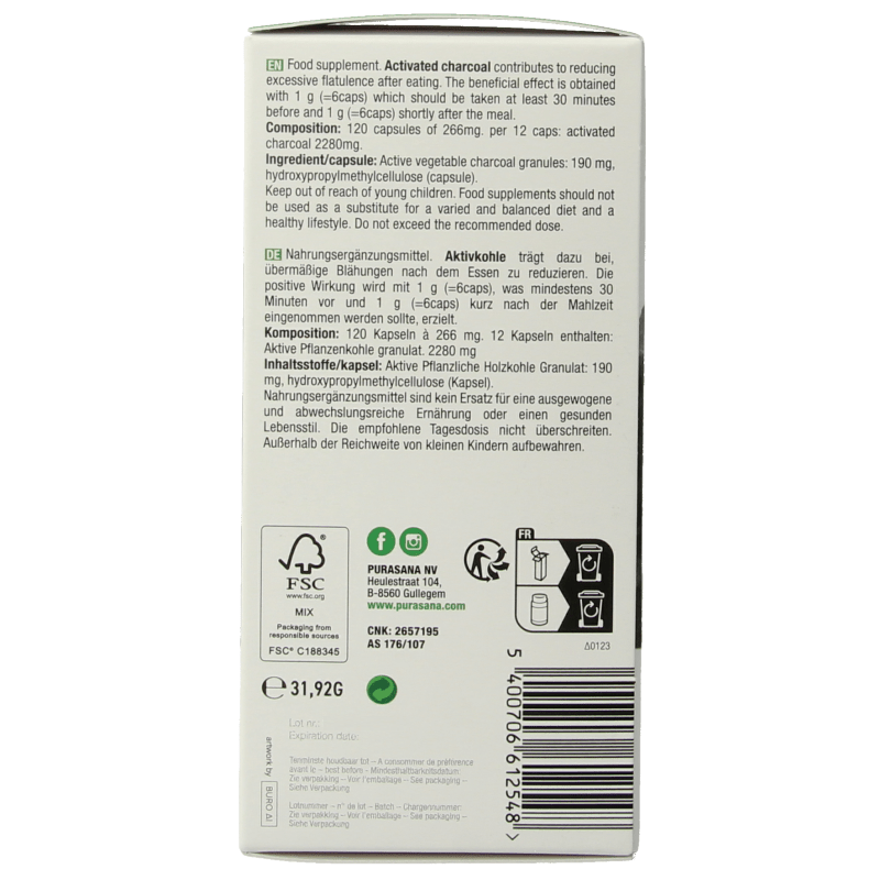 Purasana Plantaardige houtskool vegan 120 Vegetarische capsules - DrogistWereld