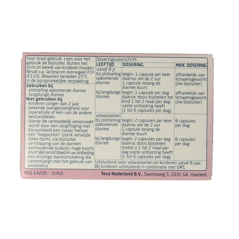 Teva Loperamide HCL 2 mg 20 Capsules - DrogistWereld