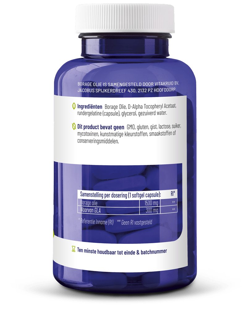 Vitakruid Borage Olie 1500mg GLA 300mg uit plantaardige bron 60 Softgels - DrogistWereld