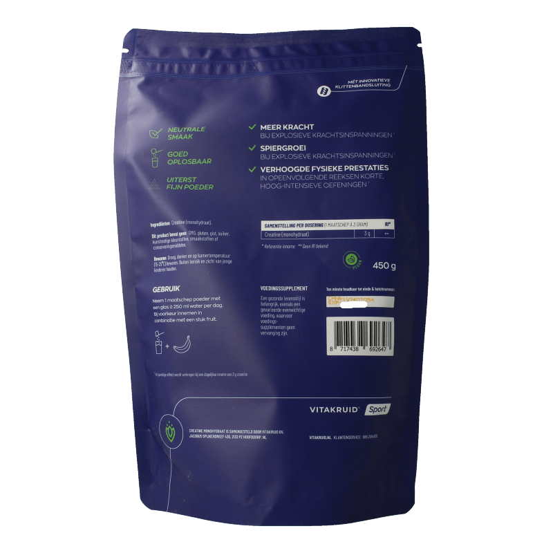 Vitakruid Creatine Monohydraat gemicroniseerd tot 200 mesh 450 Gram - DrogistWereld