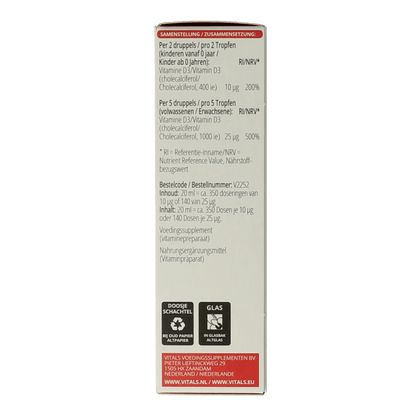Vitals Vitamine D3 druppels 20 Milliliter - DrogistWereld