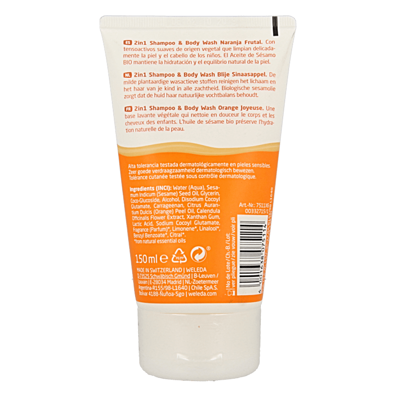 Weleda Kids 2 - in - 1 shampoo & bodywash blije sinaasappel 150 Milliliter - DrogistWereld